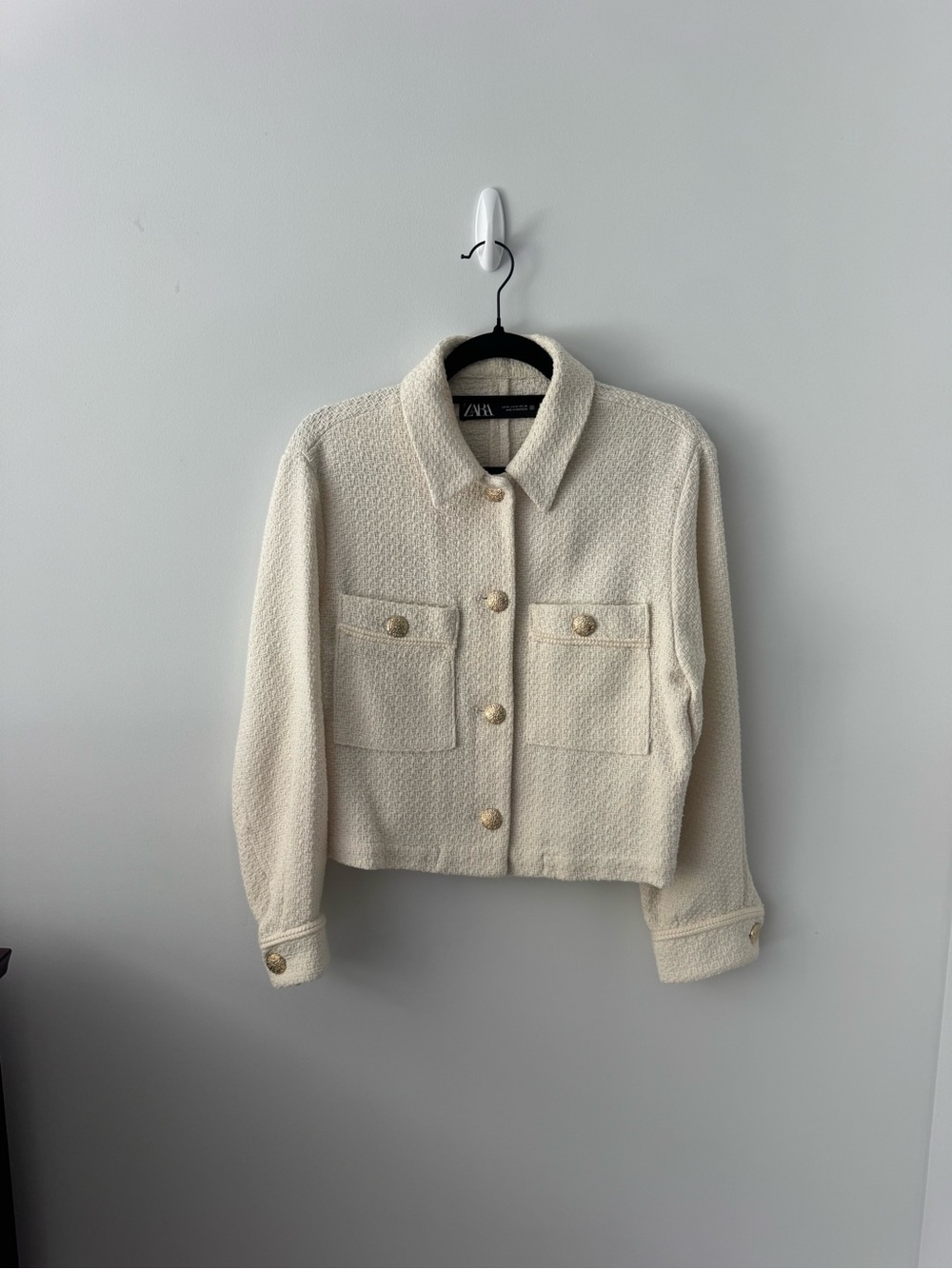 Zara Cream Textured Cropped Jacket Gold Buttons Size M